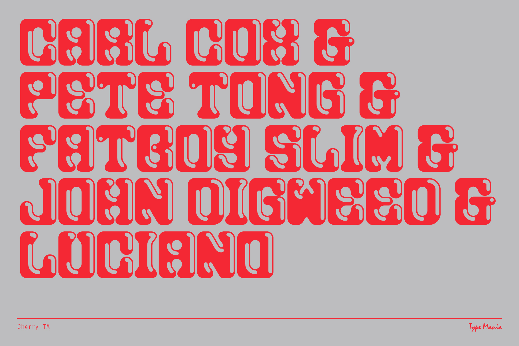 Bold red groovy font displaying names against a gray background; ideal for designers seeking unique typography, graphics, digital assets, or templates.