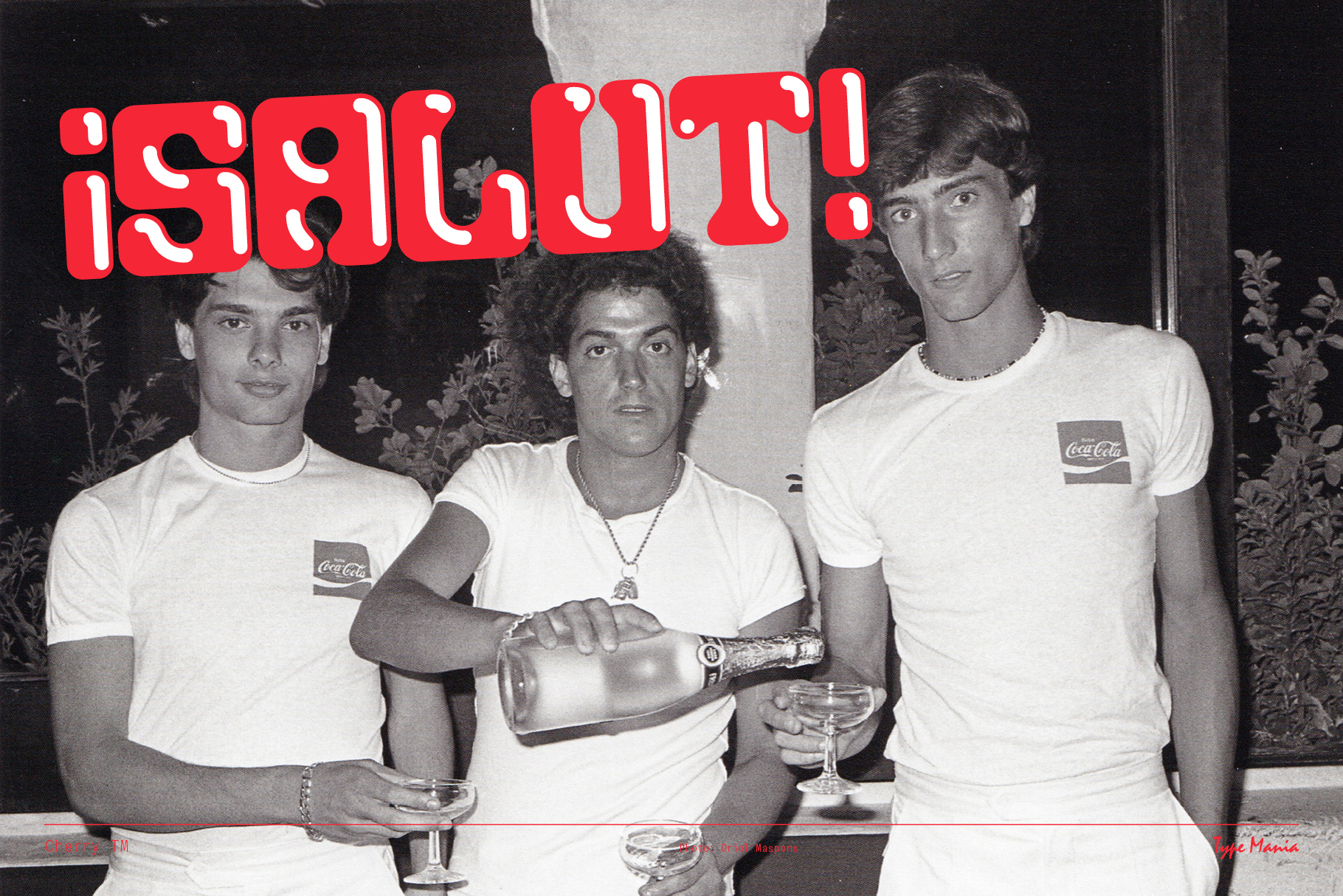 Vintage black and white photo with three people in white shirts holding drinks. Bold red text Salut, retro album cover, party theme, typography design.