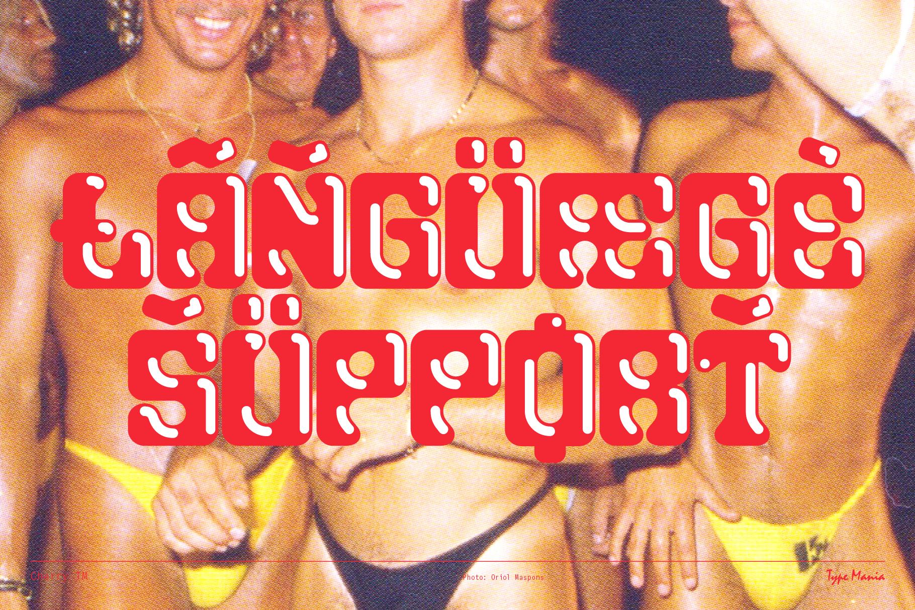 Bold red typography with language accents on a vintage photo background featuring people in swimsuits. Ideal for graphic design and font projects.