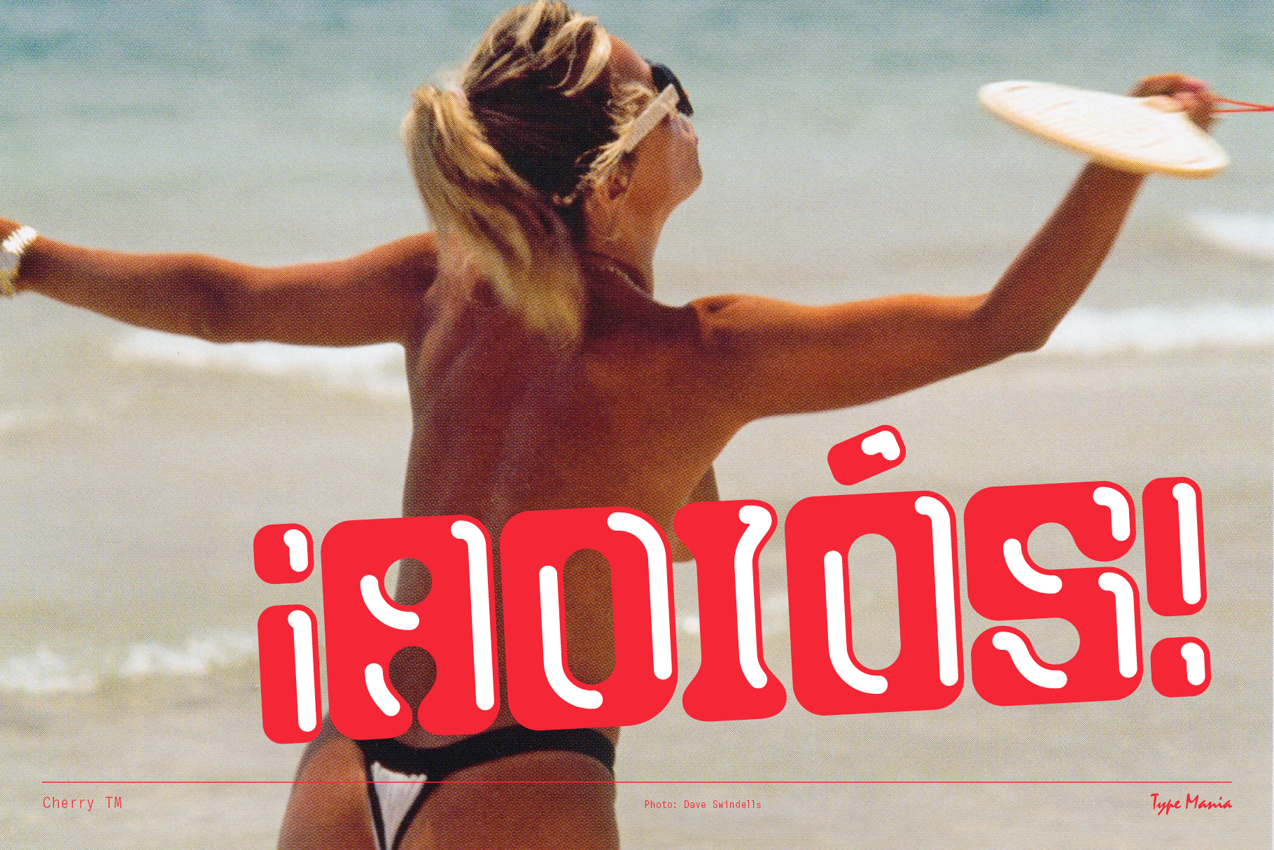 Woman at beach playing paddleball with bold red retro text overlay AdiĂ³s design font graphic summer template for designers mockups typography