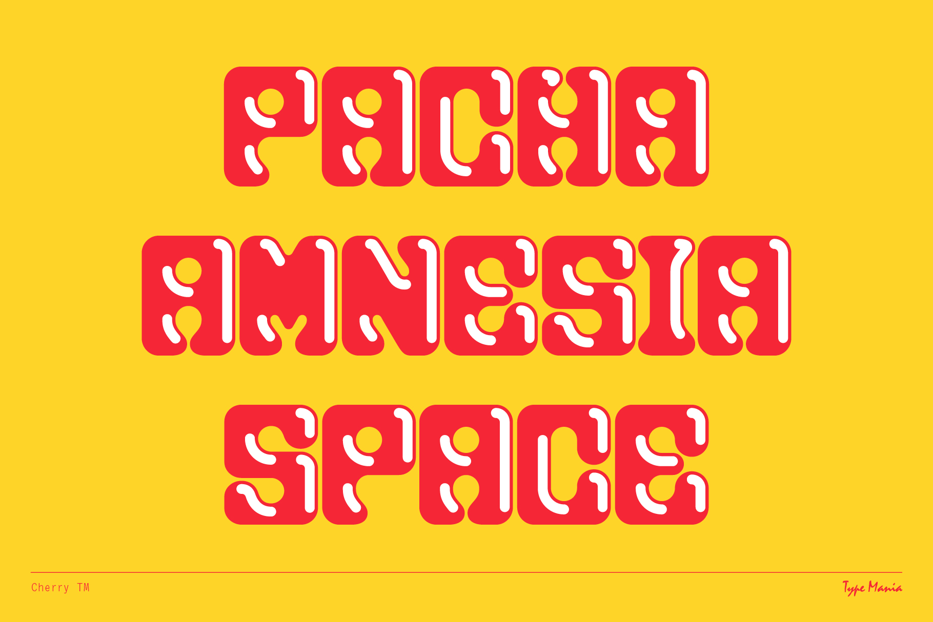 Bold retro font design with red bubble letters on yellow background. Perfect for graphic designers seeking unique typography for creative projects.