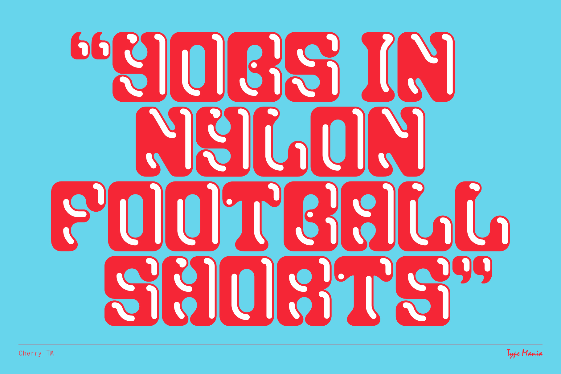 Bold retro typography reading yobs in nylon football shorts in vibrant red and blue colors suitable for graphic design and font projects.