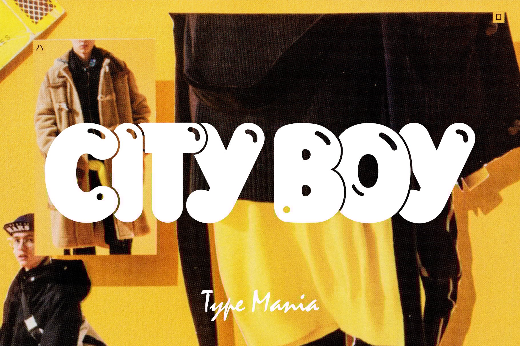Bold text design with City Boy overlay on a fashion collage. Use for trendy graphics. SEO keywords: typography, mockup, graphic design, fashion.