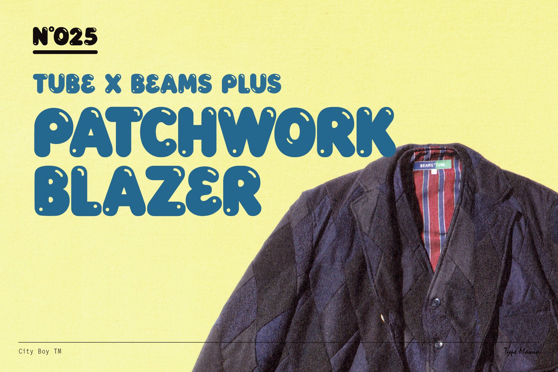 Vintage patchwork blazer image with bold retro font on yellow background. Ideal for fashion mockups and graphic design projects. 여러 category item.