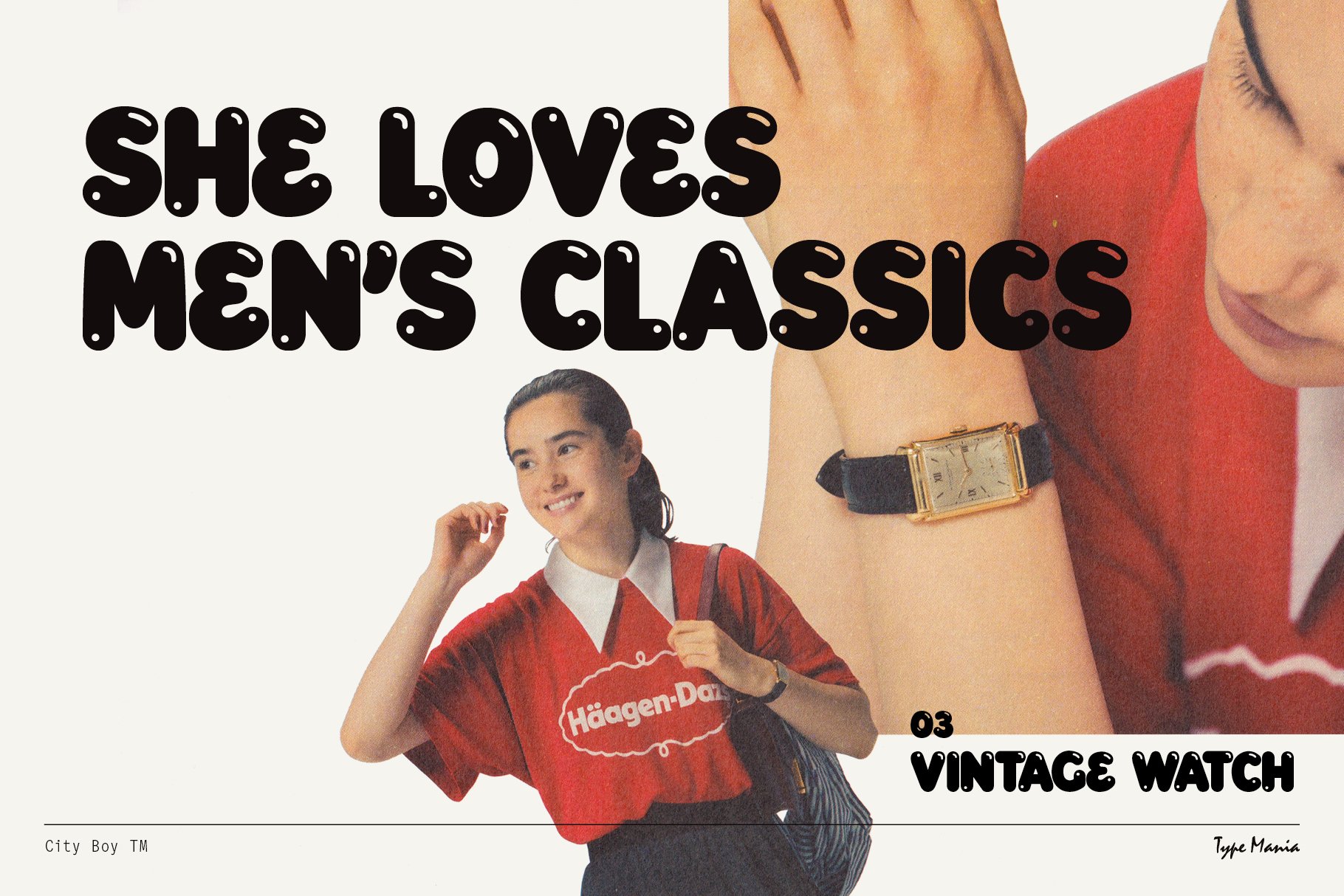 Retro-inspired design image featuring bold typography She Loves Mens Classics showing a woman in a red shirt and vintage watch Keywords design graphics