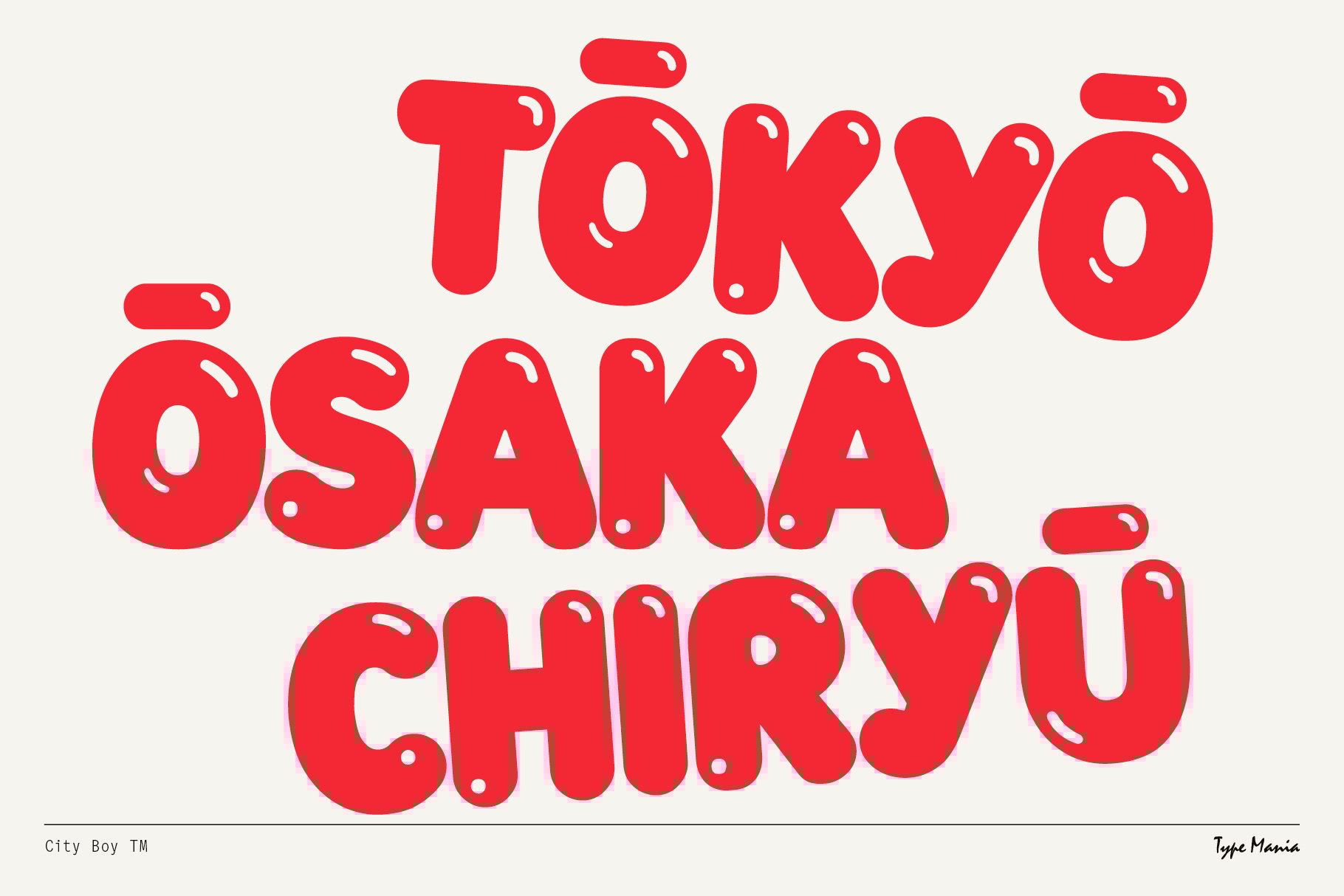 Bold rounded red font spells Tokyo Osaka Chiryu. Playful typography suitable for graphic design projects. Perfect for posters and creative templates.