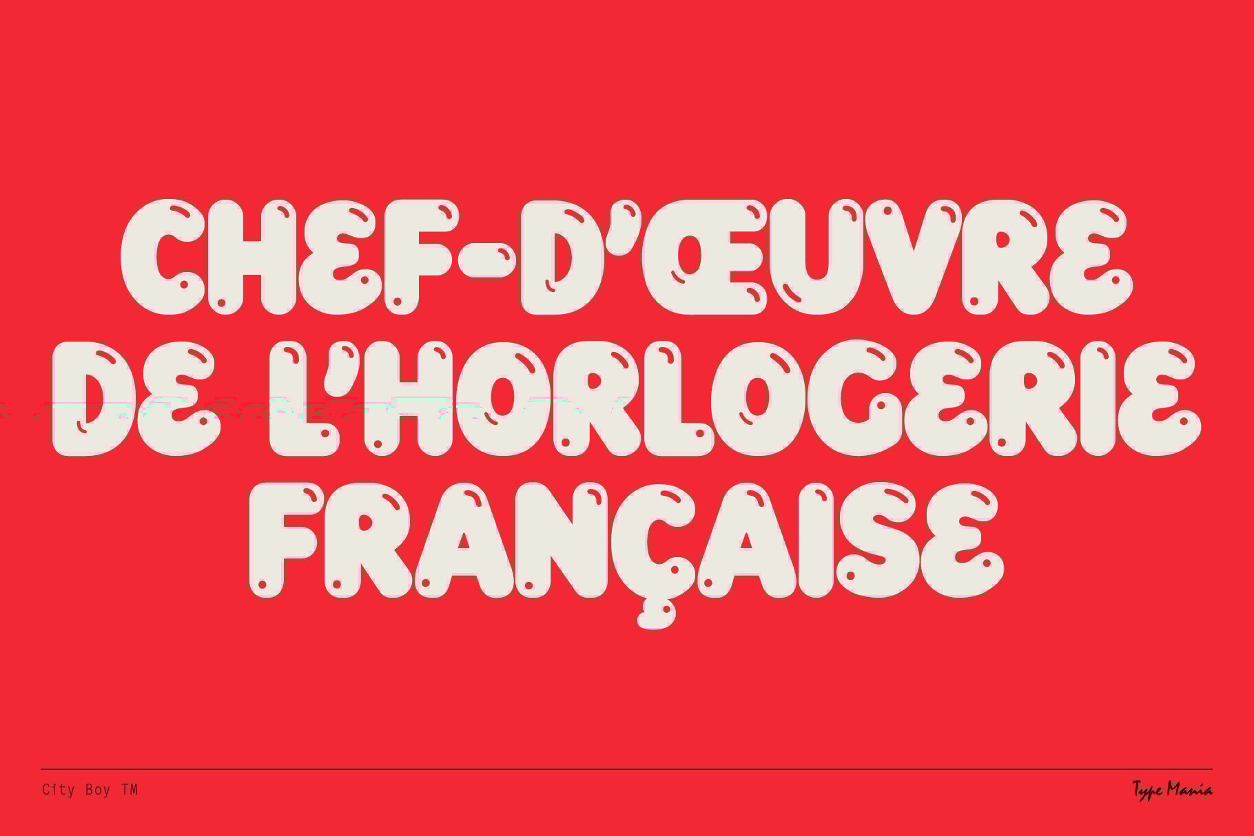 Bold retro font design reading Chef-d'oeuvre de l'horlogerie francaise against a bright red background. Ideal for graphic designers and typographers.