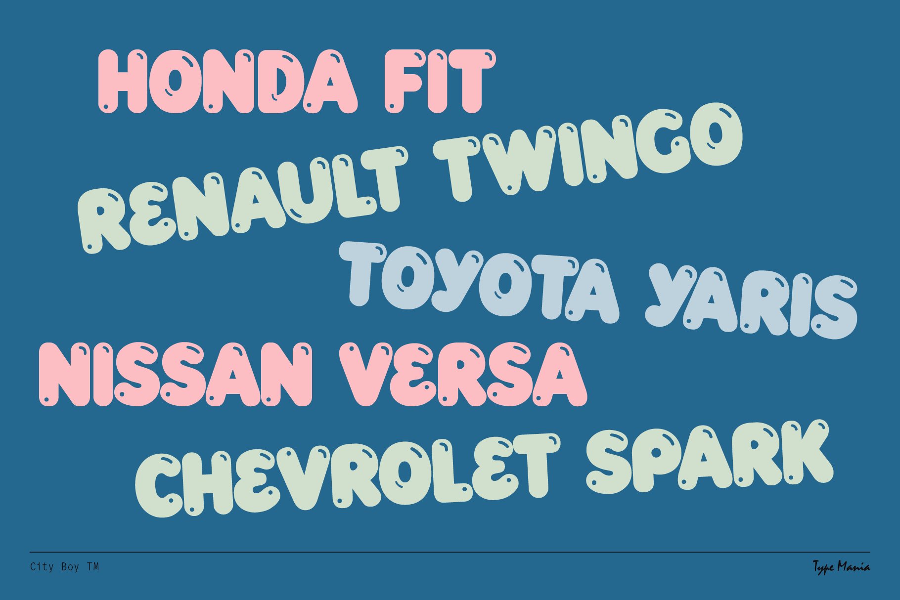 Playful bubble font showcasing car model names Honda Fit Renault Twingo Toyota Yaris Nissan Versa Chevrolet Spark perfect for creative graphic design.