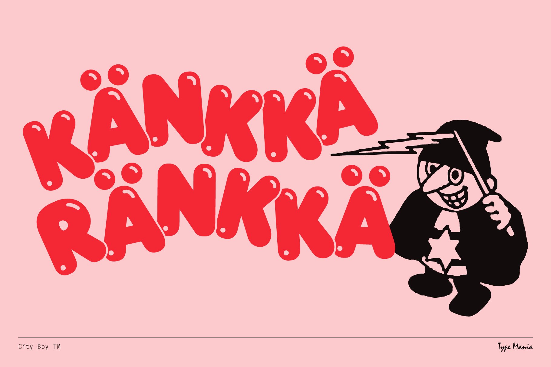 Playful graphic design featuring bold red text Känkkä Ränkkä on a pink background with a cheeky cartoon character. Ideal for digital design projects.