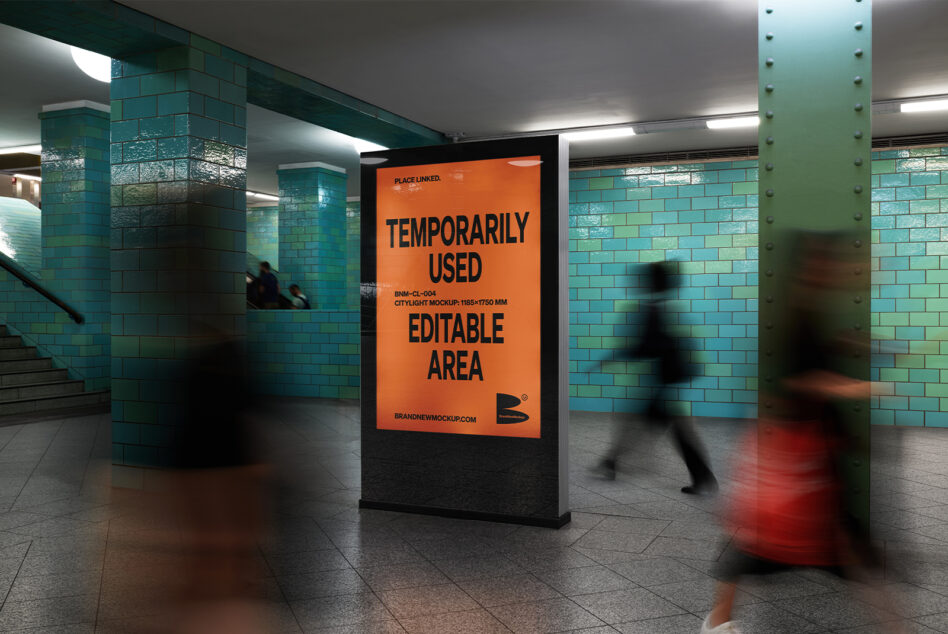 Orange billboard in subway station with turquoise tile walls, people walking by blurred