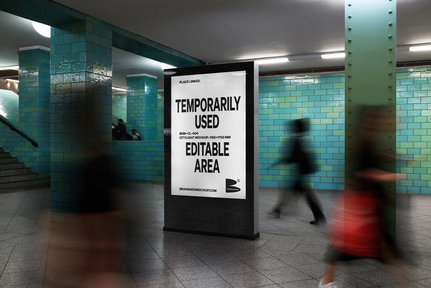 Citylight mockup in subway setting with editable poster area. Green tile walls and blurred motion pedestrians. Template for design presentations.