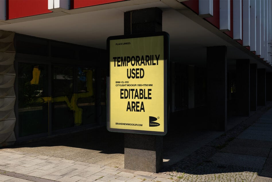 Outdoor citylight billboard mockup with editable area in urban setting, ideal for graphic designers. Versatile advertising display template.