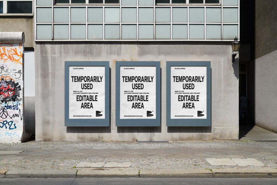 Urban poster mockup with three editable city light ad spaces on a concrete wall ideal for marketing design templates. Street graffiti visible nearby.
