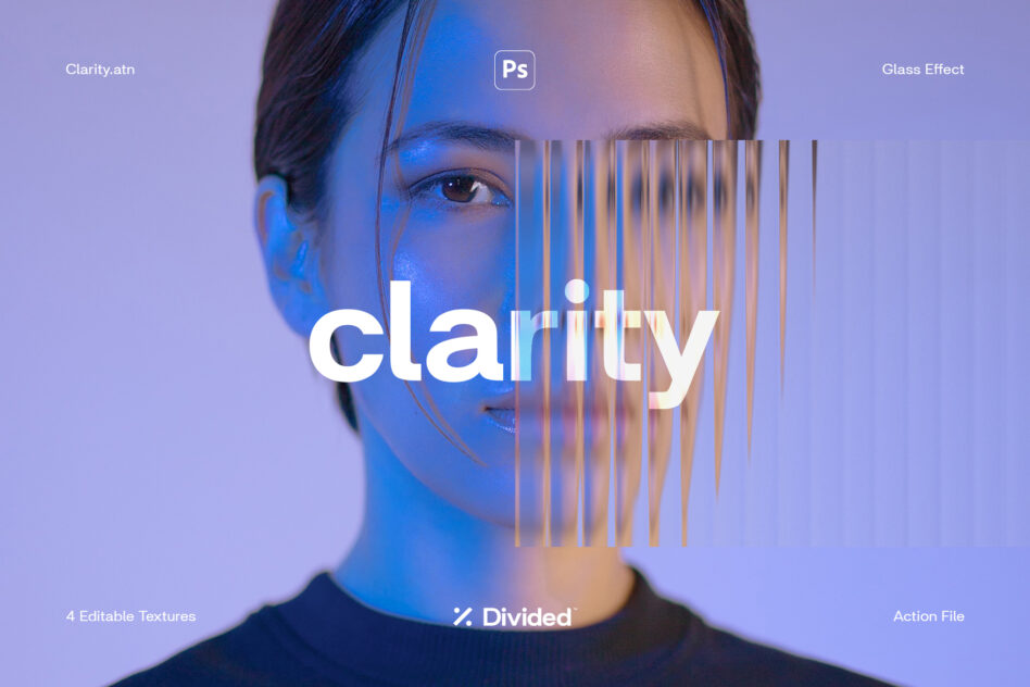 Photoshop action file featuring a glass effect on a face, perfect for creating striking visual graphics. Includes 4 editable textures for designers.