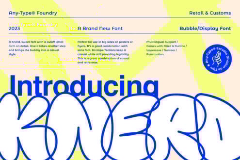 Introducing Knerd font by Any-Type Foundry. Bold bubble display font with retro casual style for posters and flyers. Multilingual support. Perfect for designers.