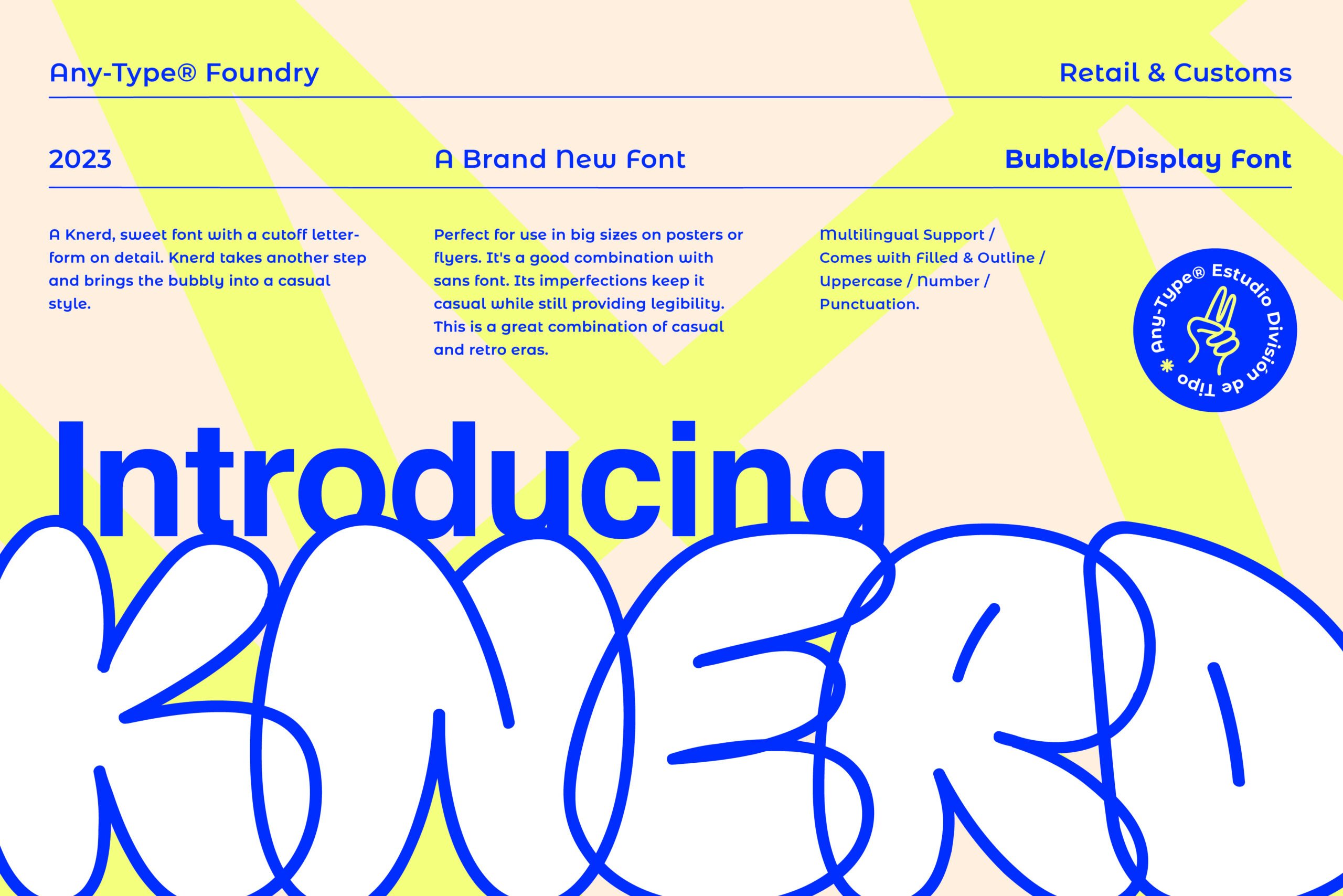Introducing Knerd font by Any-Type Foundry. Bold bubble display font with retro casual style for posters and flyers. Multilingual support. Perfect for designers.