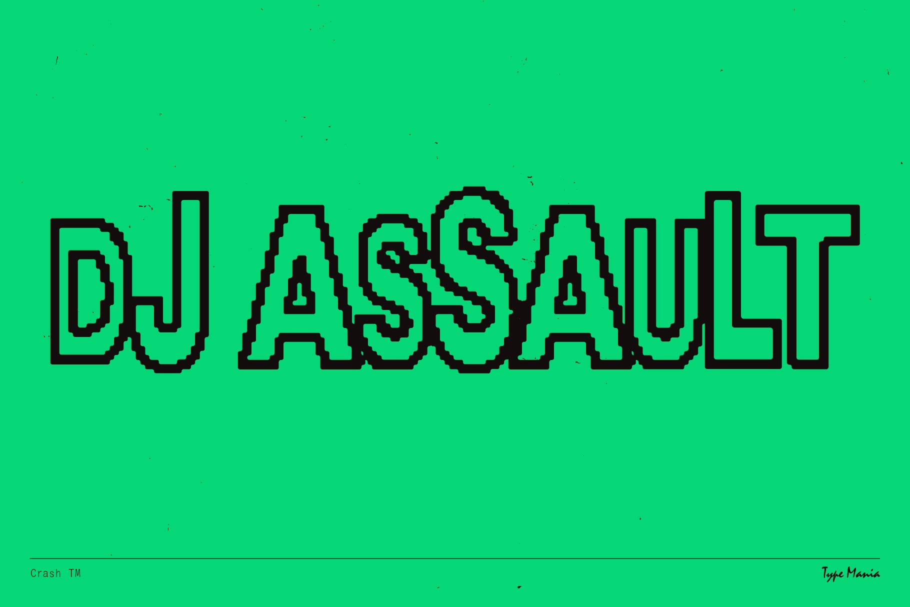 DJ Assault text in thick pixelated letters on bright green background