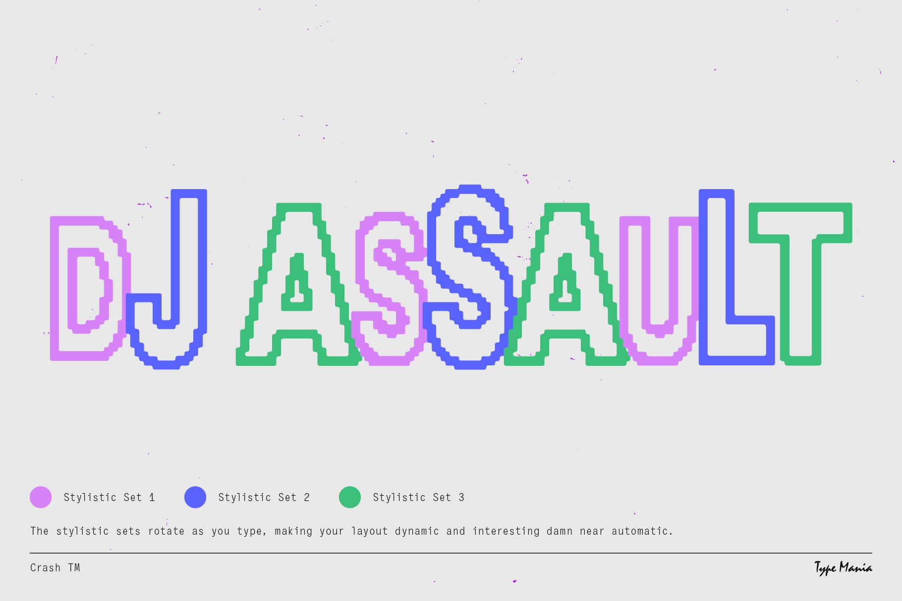 DJ Assault pixelated multicolor outline typeface with rotating stylistic variations demo