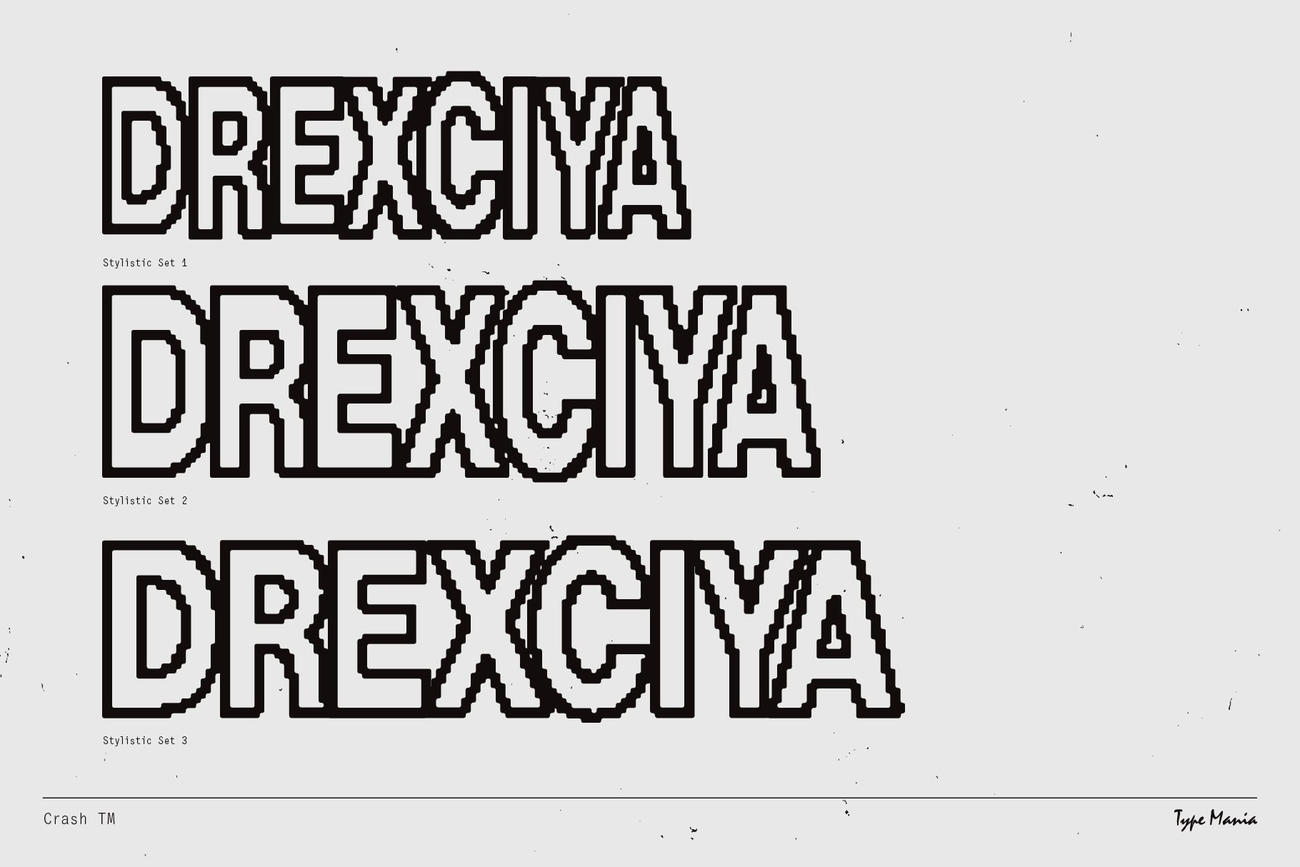 Drexcyna font family showing three stylistic sets with outlined block letterforms