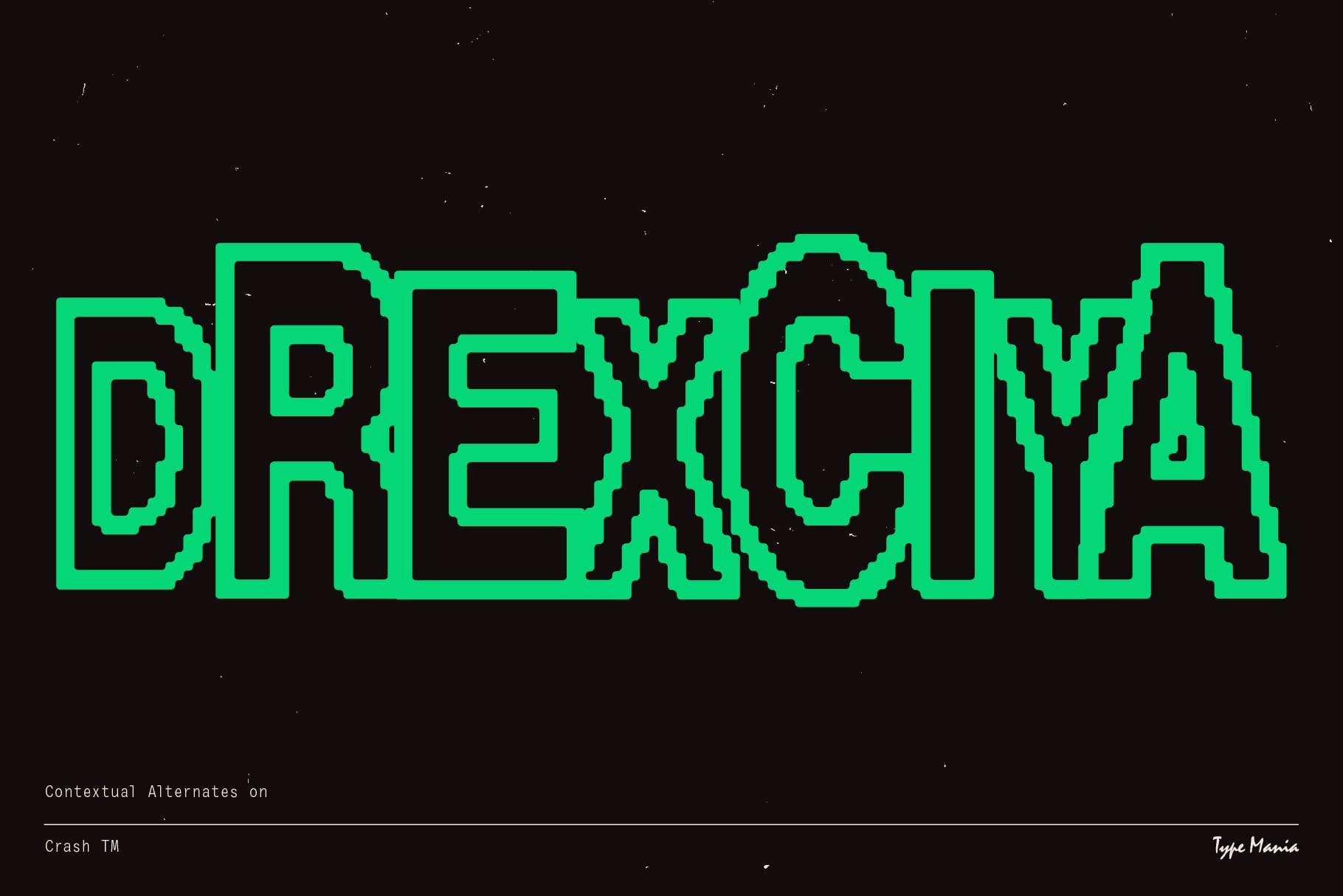Drexoria neon green glitchy text on dark background showing contextual alternates