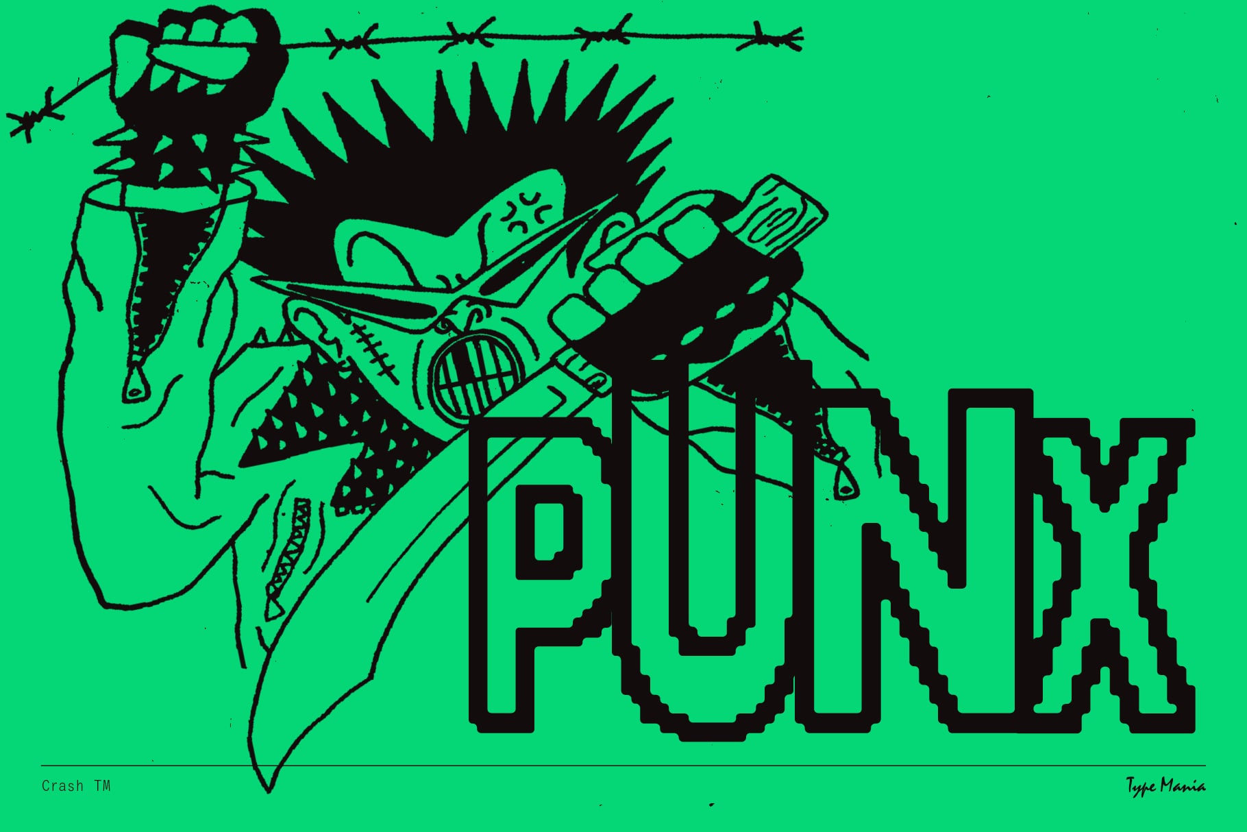 Punk typeface with wild cartoon character illustration on neon green background