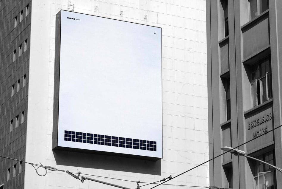 Billboard mockup on urban building with blank white screen surrounded by architecture