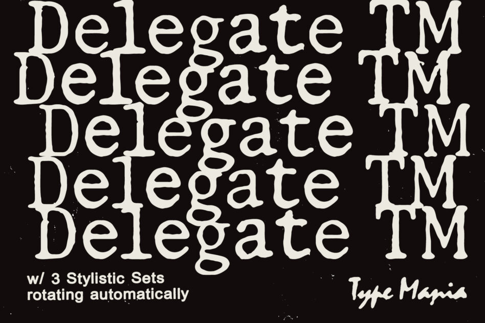 Delegate TM repeated five times showing font styling with automatic rotation feature