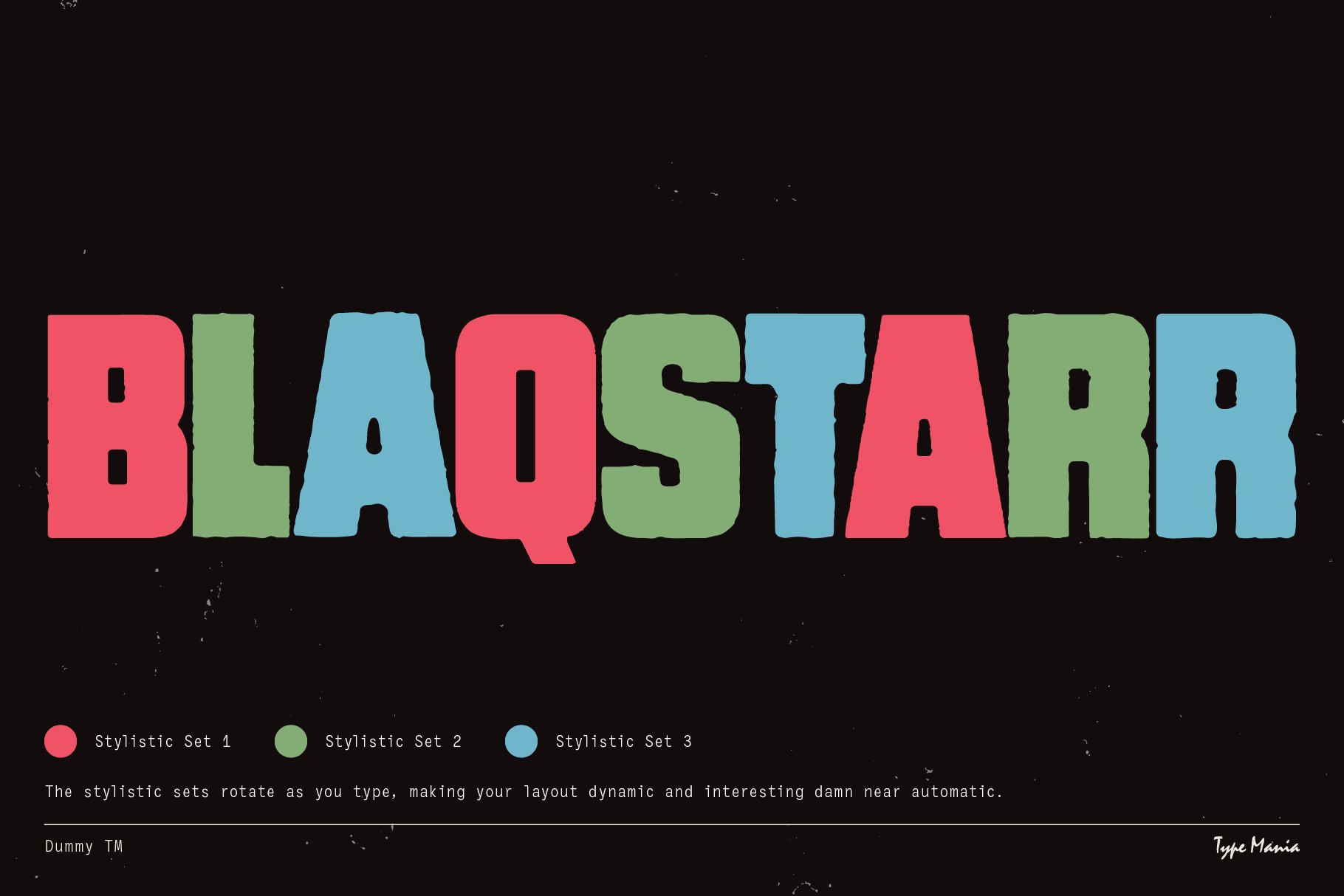Colorful bold font spelling Blaqstarr with black background. Includes three stylistic sets rotating dynamically. Ideal for typography design projects.