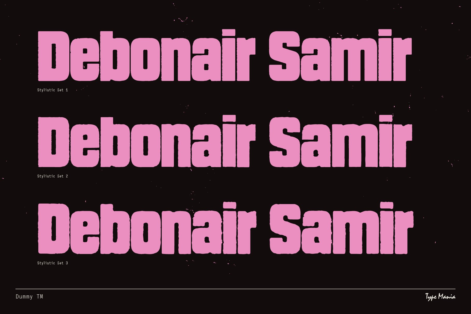 Bold pink font Debonair Samir displayed in three stylistic sets on black background; perfect for graphic design typography templates.