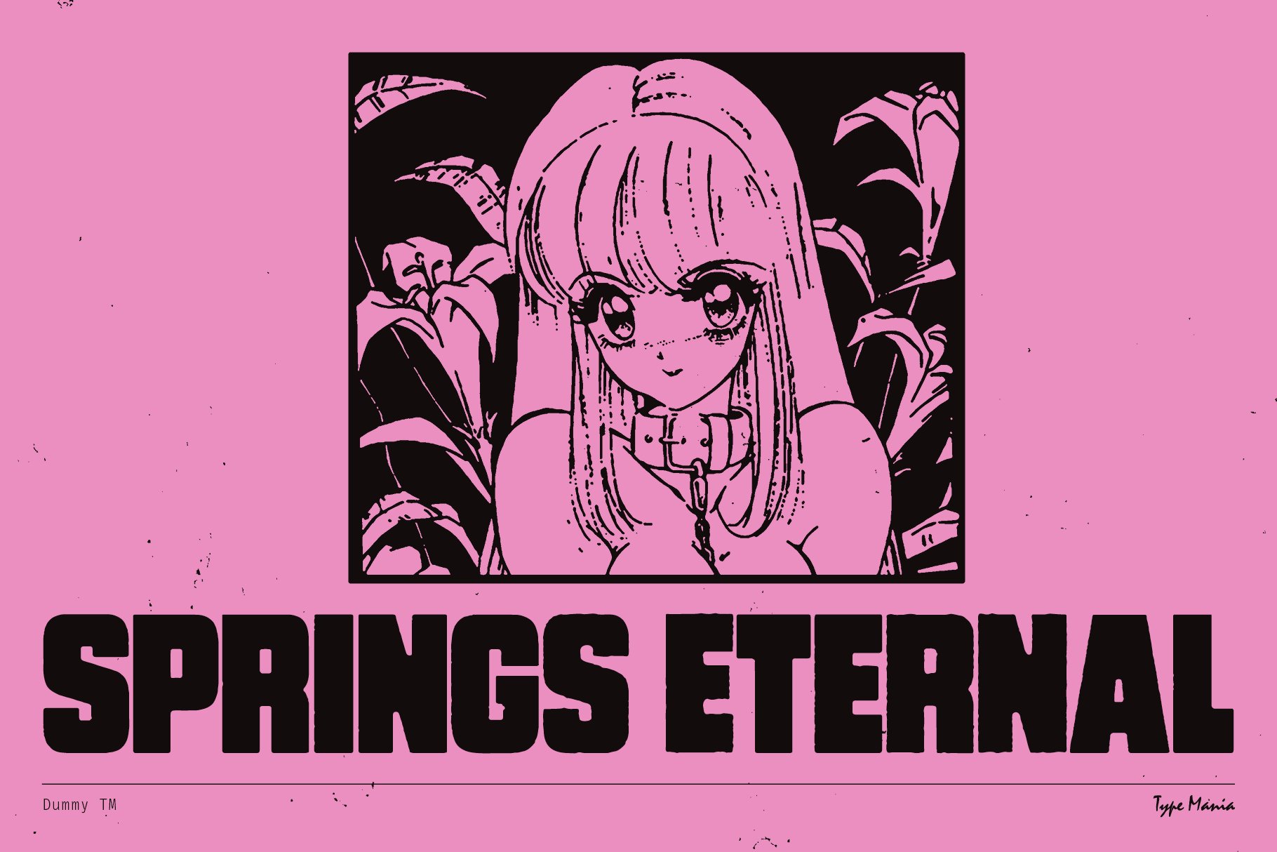 Pink anime graphic with bold text Springs Eternal featuring a large-eyed girl and floral background. Ideal for graphics and template design projects.