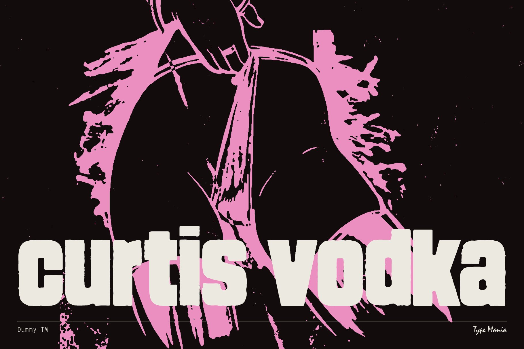 Bold graphic design with pink abstract art and bold font reading curtis vodka. Ideal for designers. Keywords: graphic design, abstract, font, art.