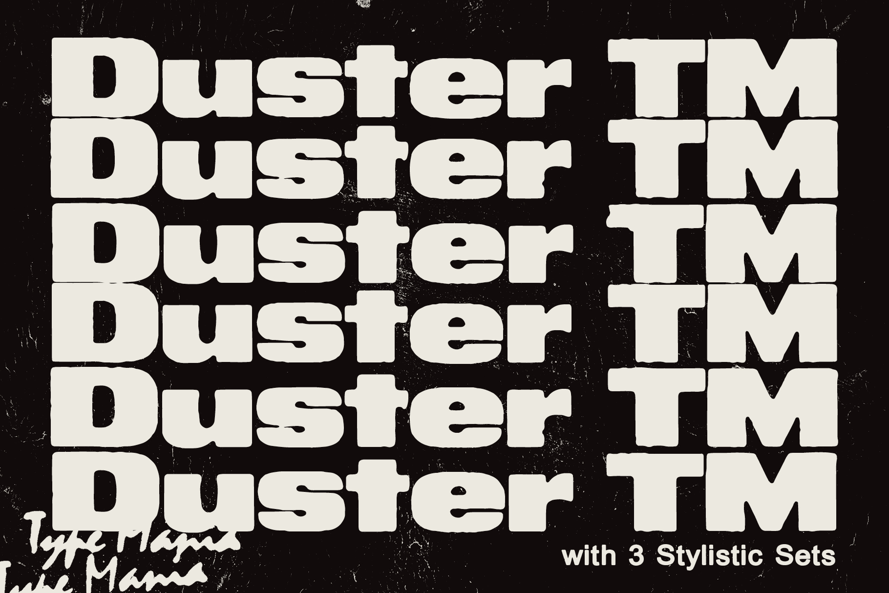 Bold stencil-style font display Duster text repeated with vintage texture. Ideal for designers seeking unique typography, stylish fonts, and type designs.