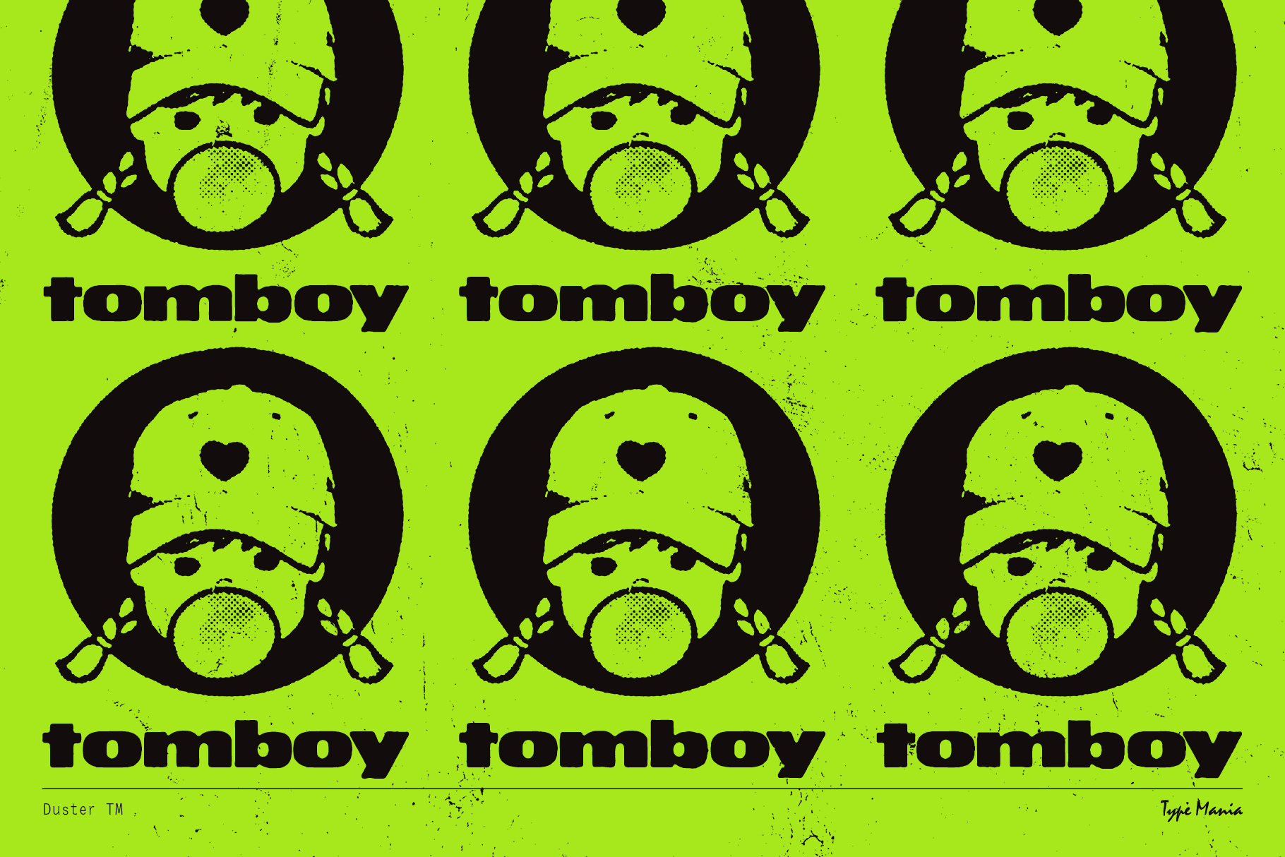 Bold green graphic of a girl in a cap with pigtails and face mask surrounded by tomboy text. Ideal for graphic design templates or branding creatives.