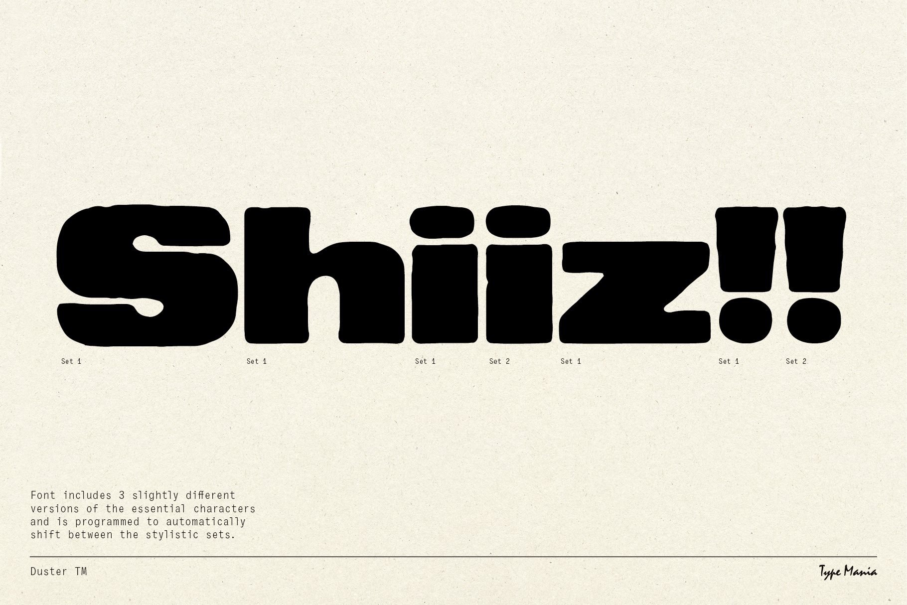 Bold black font showcasing word Shiiz with multiple versions Set 1 and Set 2 for typography design. Perfect for graphic designers and font templates.