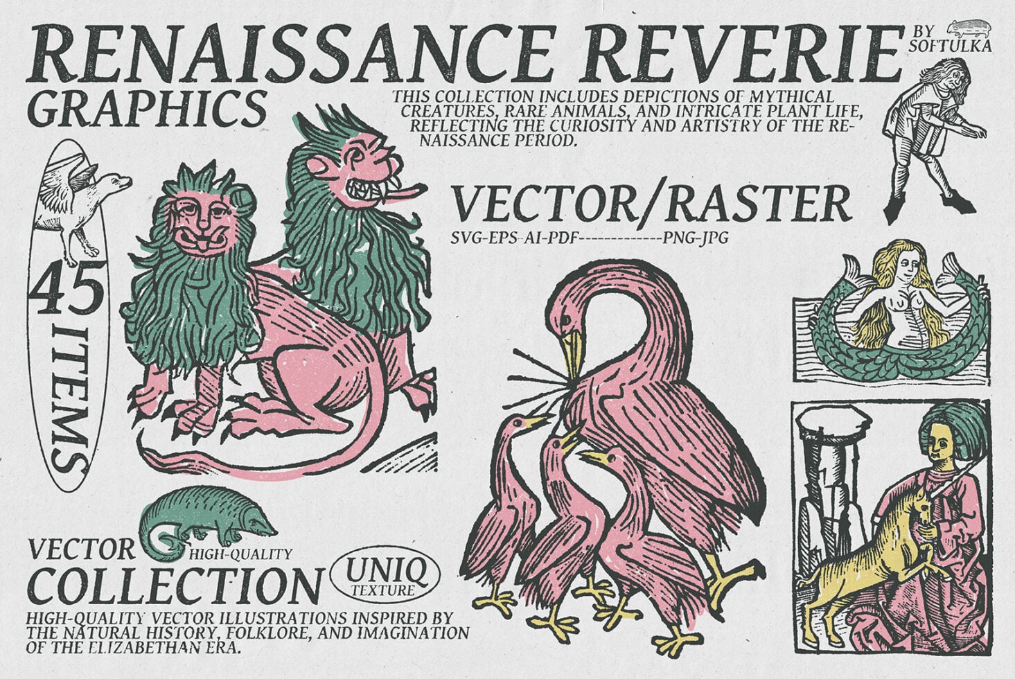 Renaissance design pack with 45 colored vector illustrations of chimeras, phoenixes, winged beings