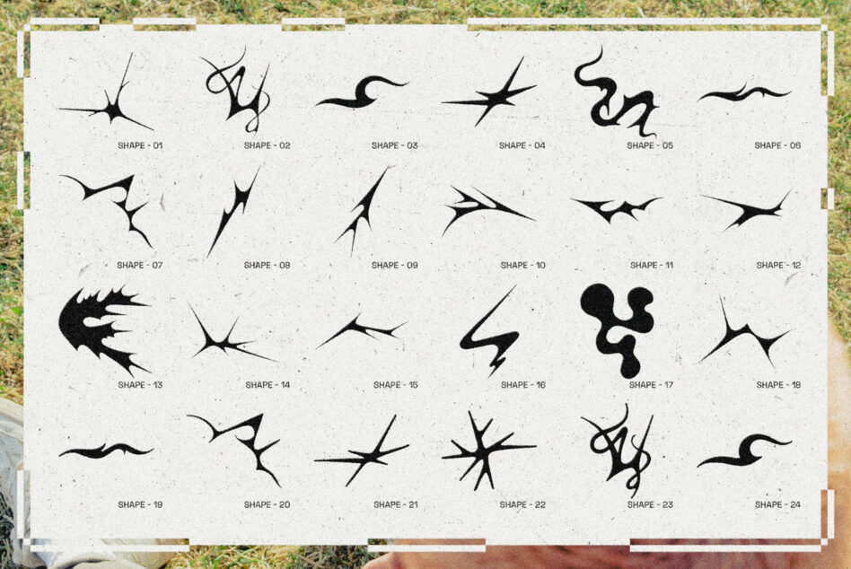 Collection of 24 unique abstract shapes on textured background ideal for graphic design projects and templates offering versatile design elements.
