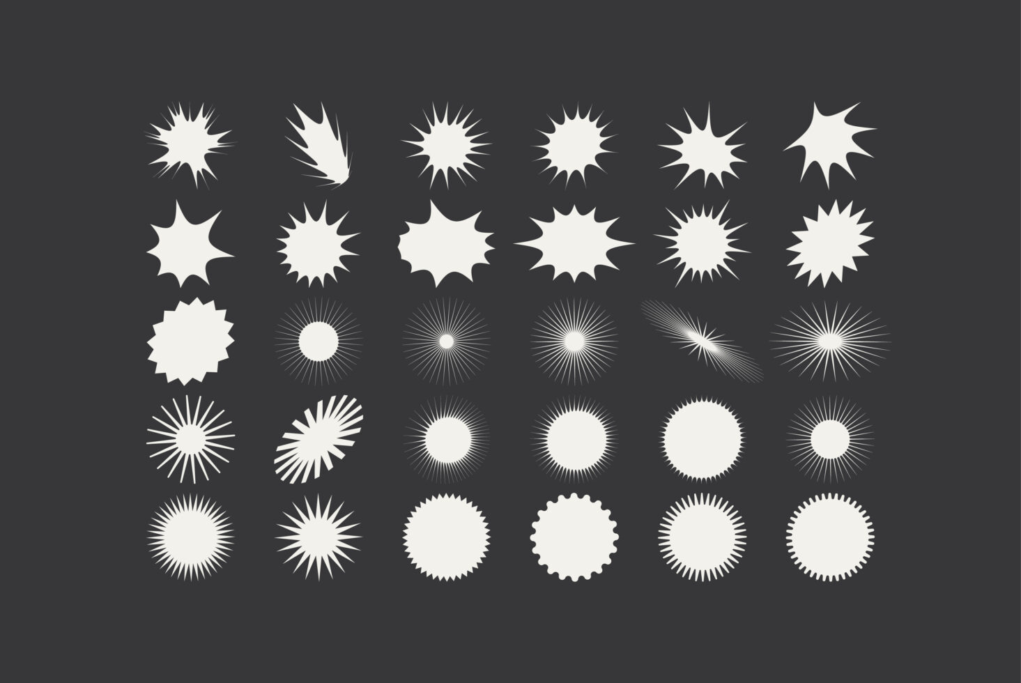 30 spiky radial shapes with varied spike lengths, glows plus smooth circles