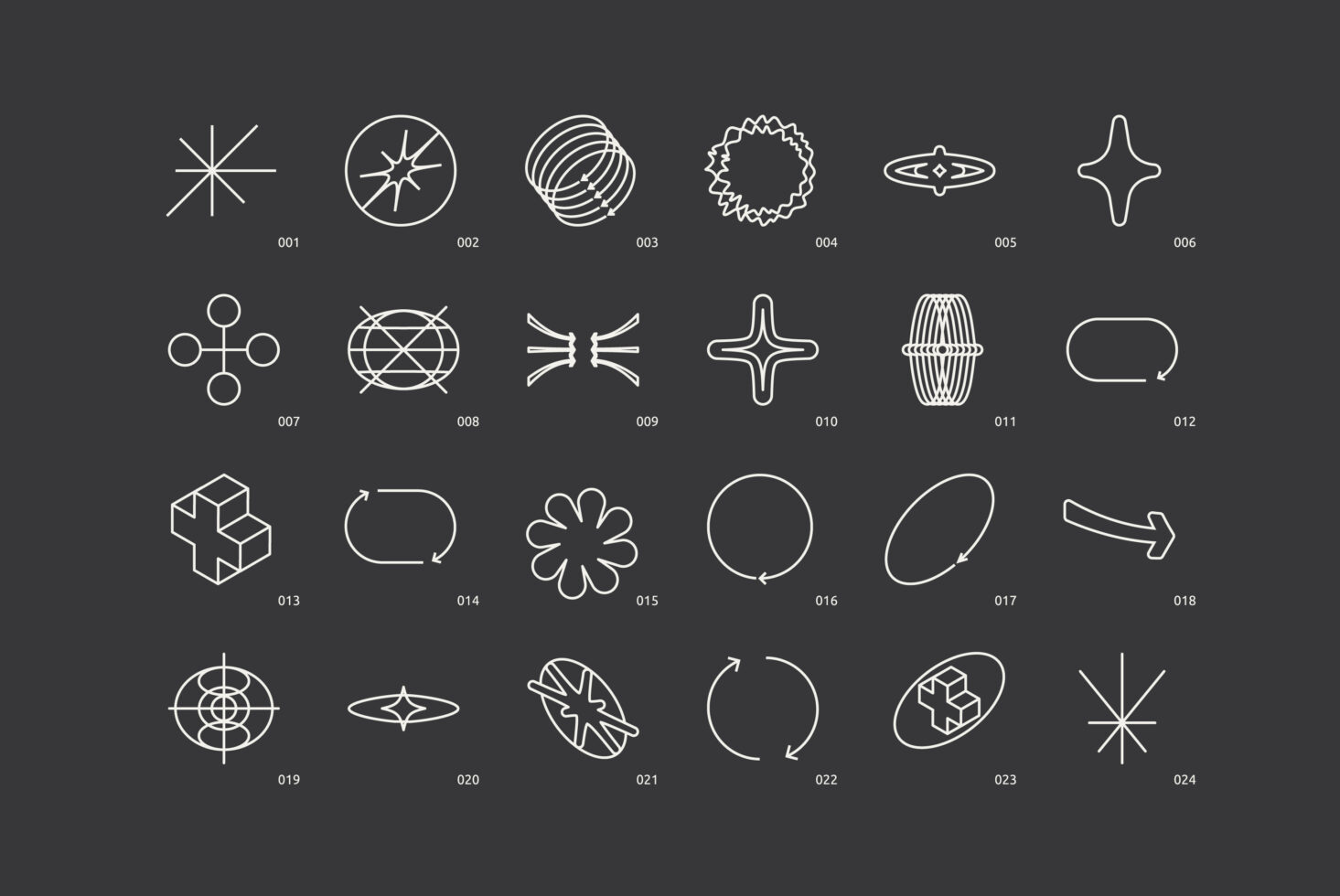 Vector line shapes icons set on dark background suitable for templates and graphics. Ideal for digital design assets. Keywords: icons, vectors, shapes.
