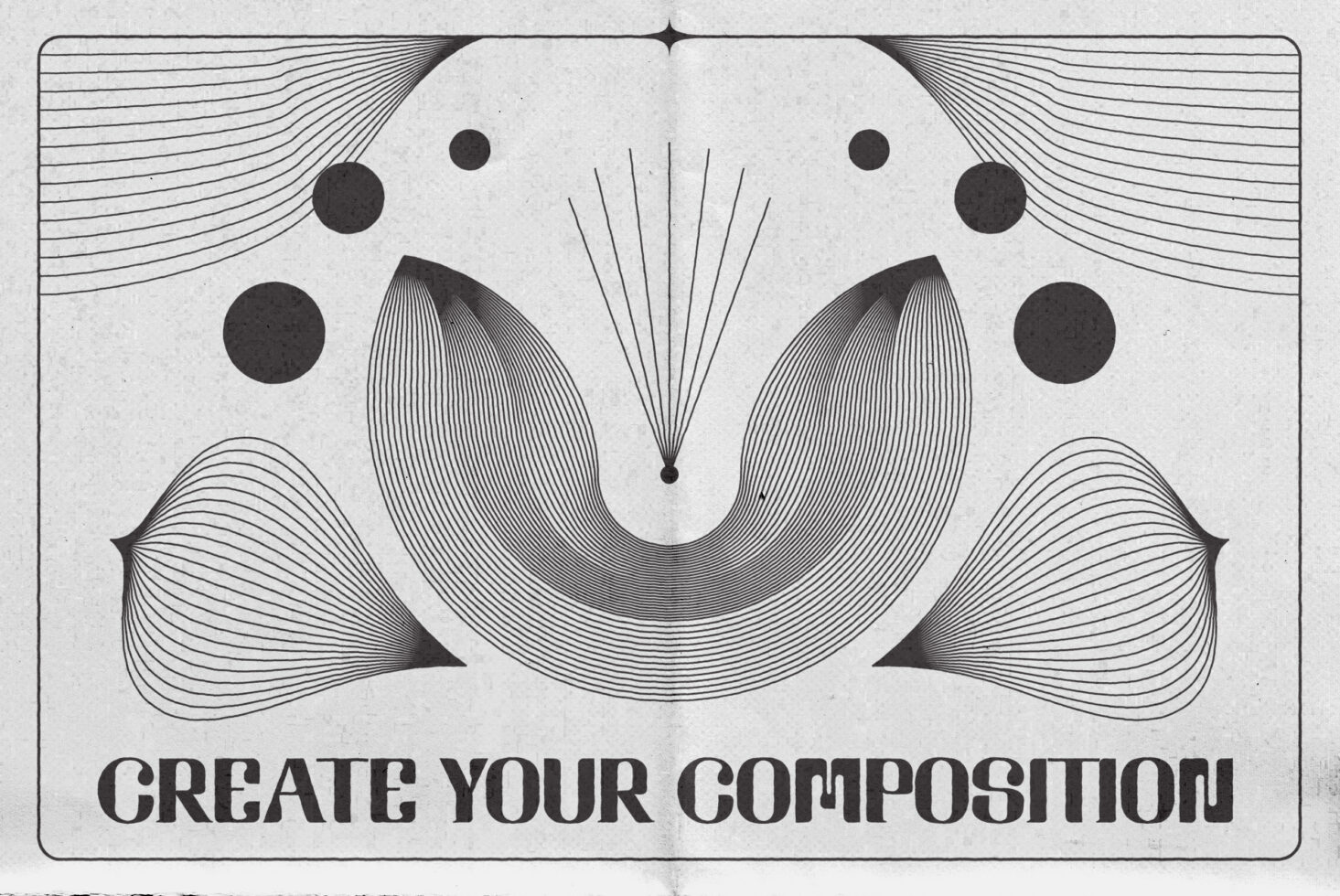 Abstract geometric design with black lines and dots on a textured background with the text Create Your Composition suitable for graphics in design projects.