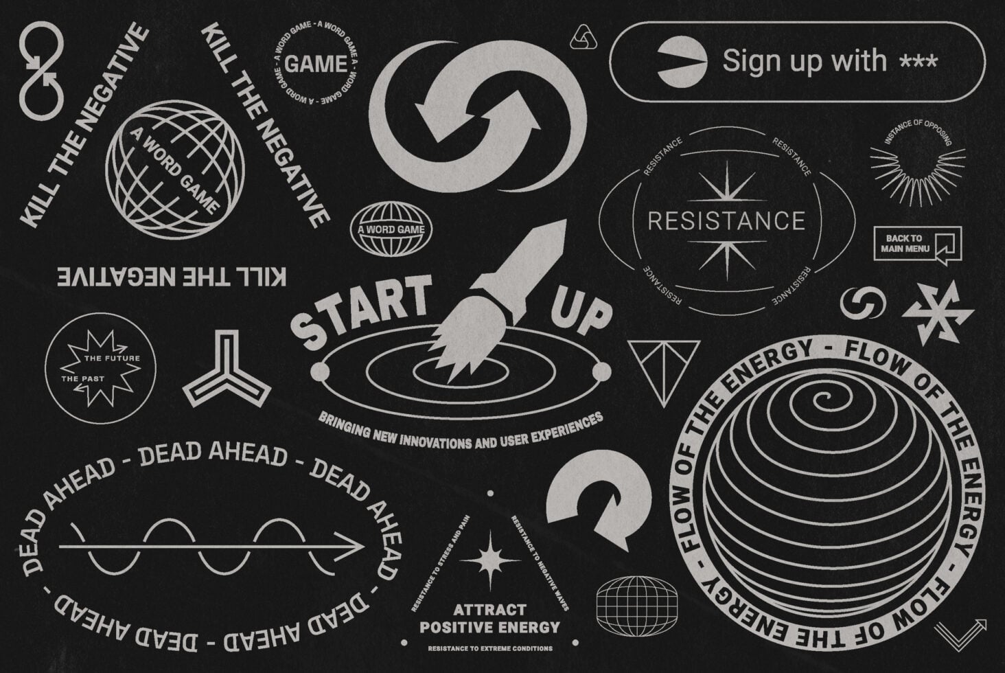 Dark graphic overlaid with white retro space elements, spirals, rockets, globes, motivational word-game typography