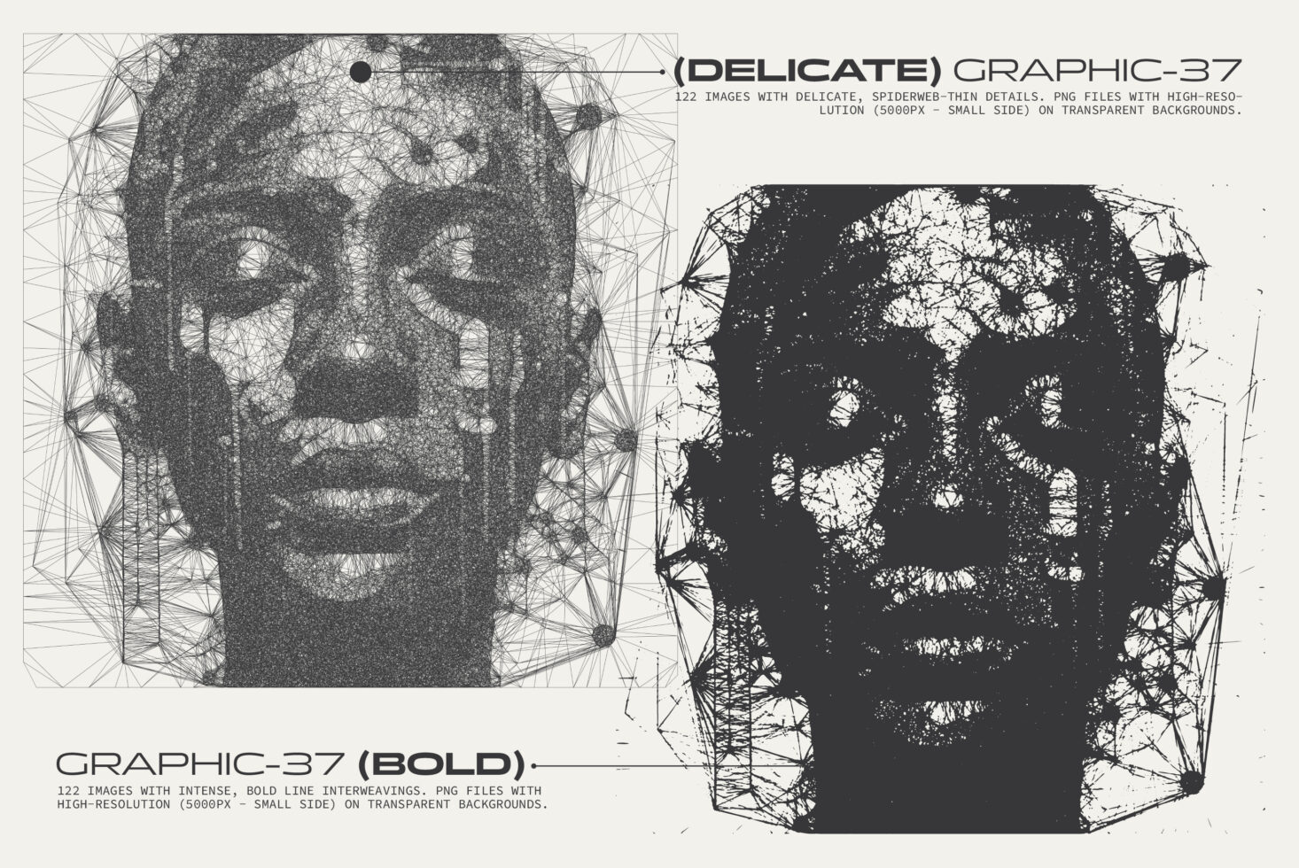 Two textured face heads side by side, one with thin spiderweb lines, one bold black with chunky patterns