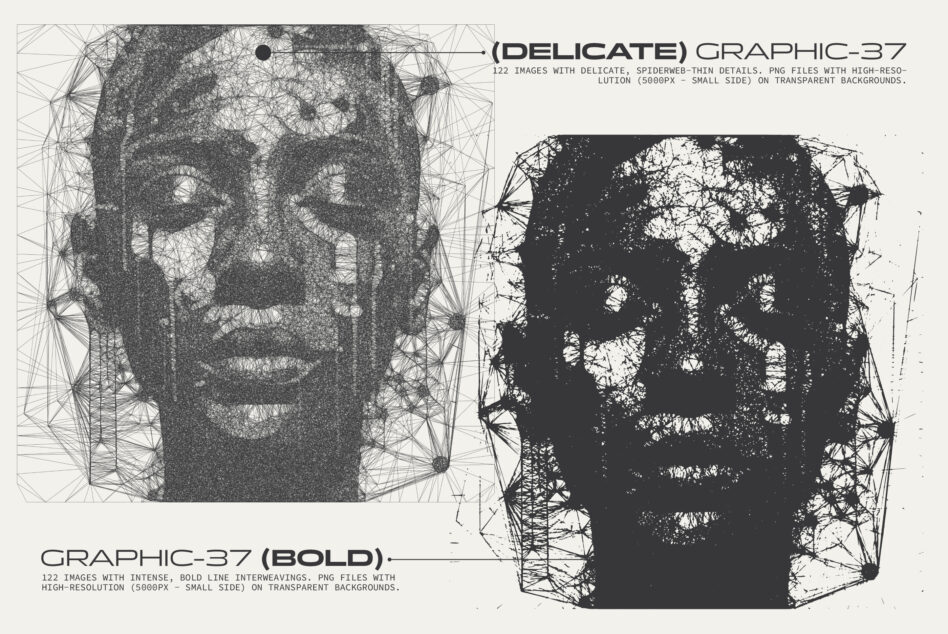 Two textured face heads side by side, one with thin spiderweb lines, one bold black with chunky patterns