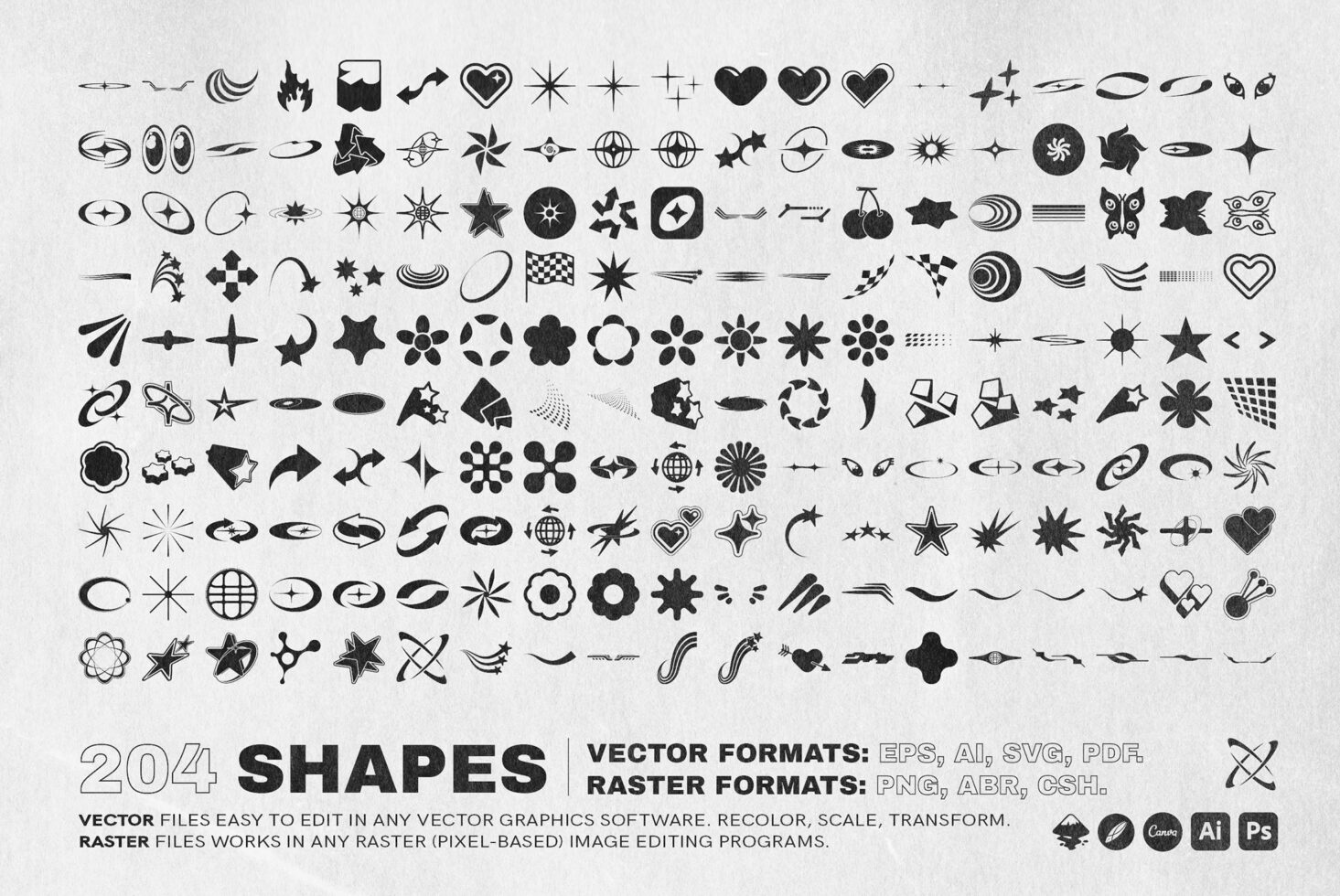 Grid of 204 vector shapes for designers in various styles and formats. Editable vector and raster files ideal for creative graphics, templates.