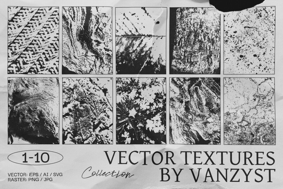 Vector textures collection featuring 10 unique black and white designs. Perfect for designers seeking high-quality graphics in EPS AI SVG PNG JPG formats.