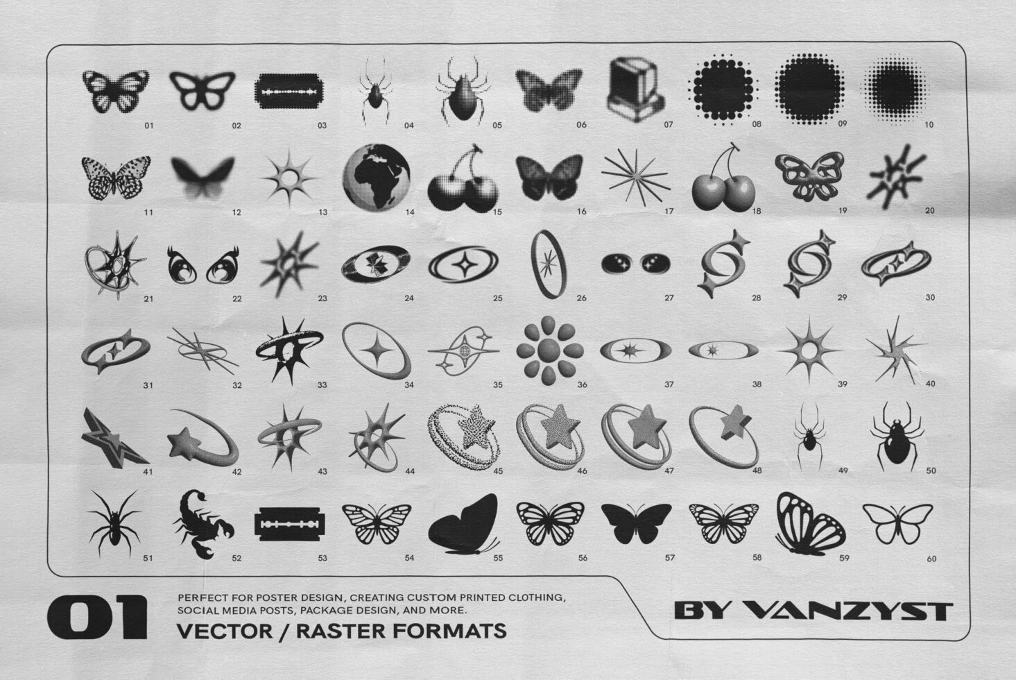 Vector and raster icons, butterflies, spiders, stars, and geometric shapes for designers; suitable for graphics, templates, and mockups in design projects.