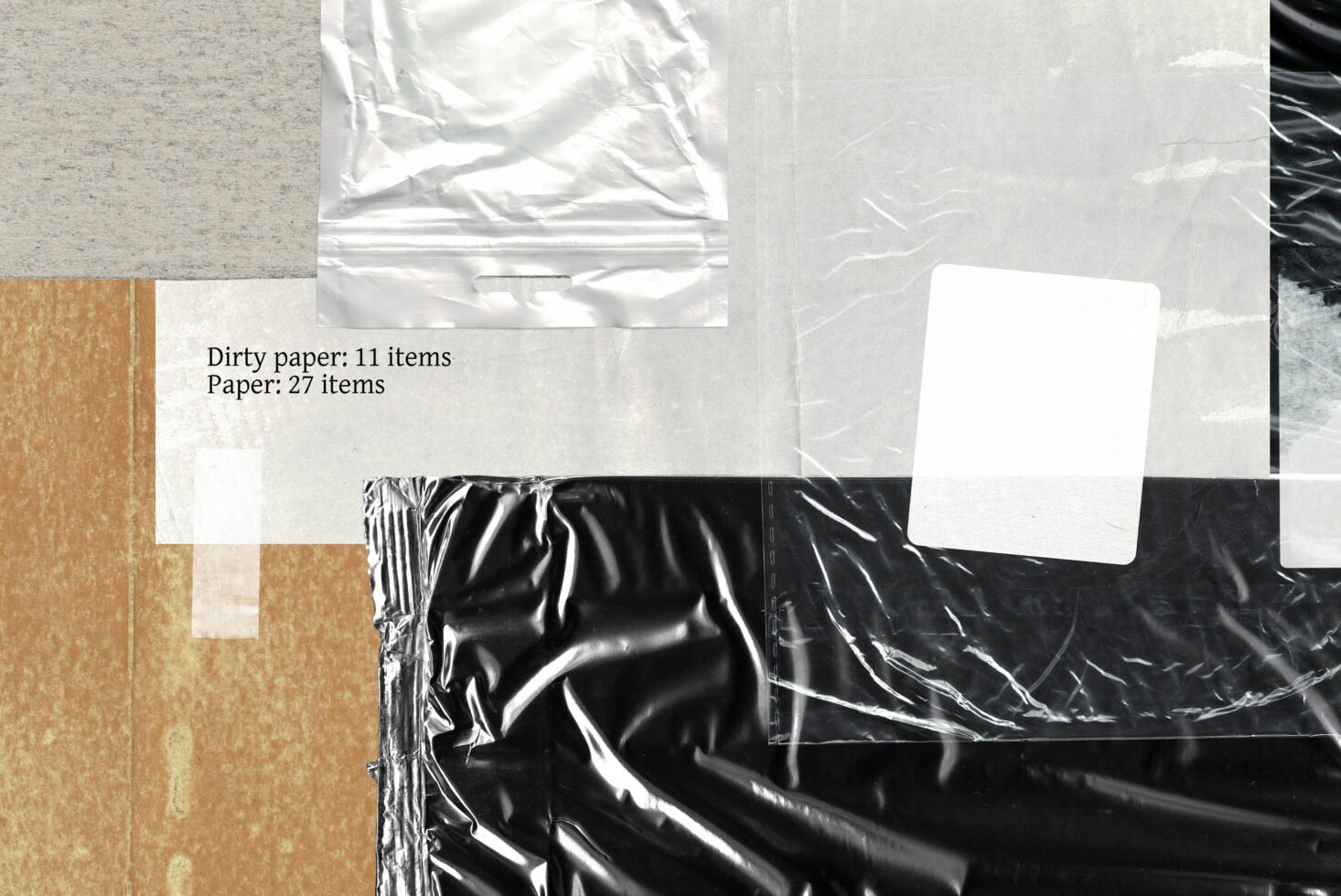 Collage of paper textures including dirty and standard paper items ideal for graphic design mockups templates or vintage-inspired designs.