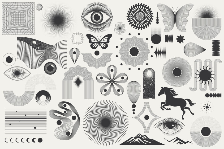 Retro line art graphics with eyes, butterflies, geometric shapes