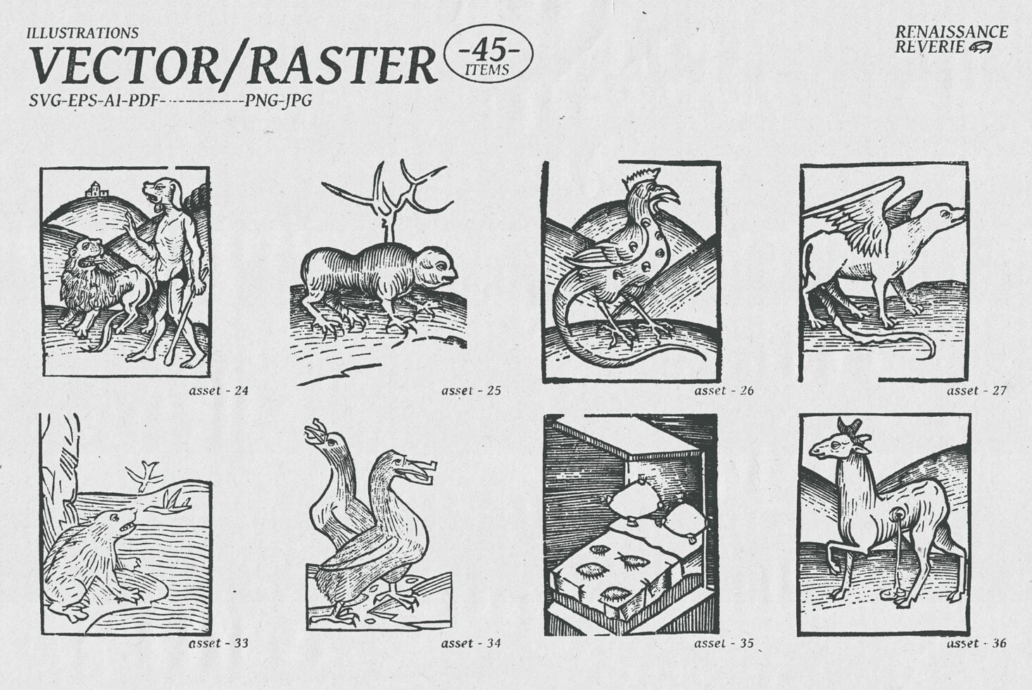 45 vintage woodcut illustrations of mythical creatures, animals, plants in engraving style