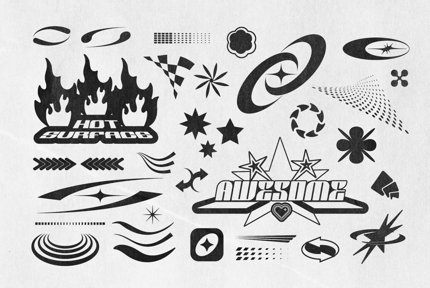 Retro design elements collection featuring bold graphics like flames stars and arrows. Perfect for digital assets mockups and templates for designers.