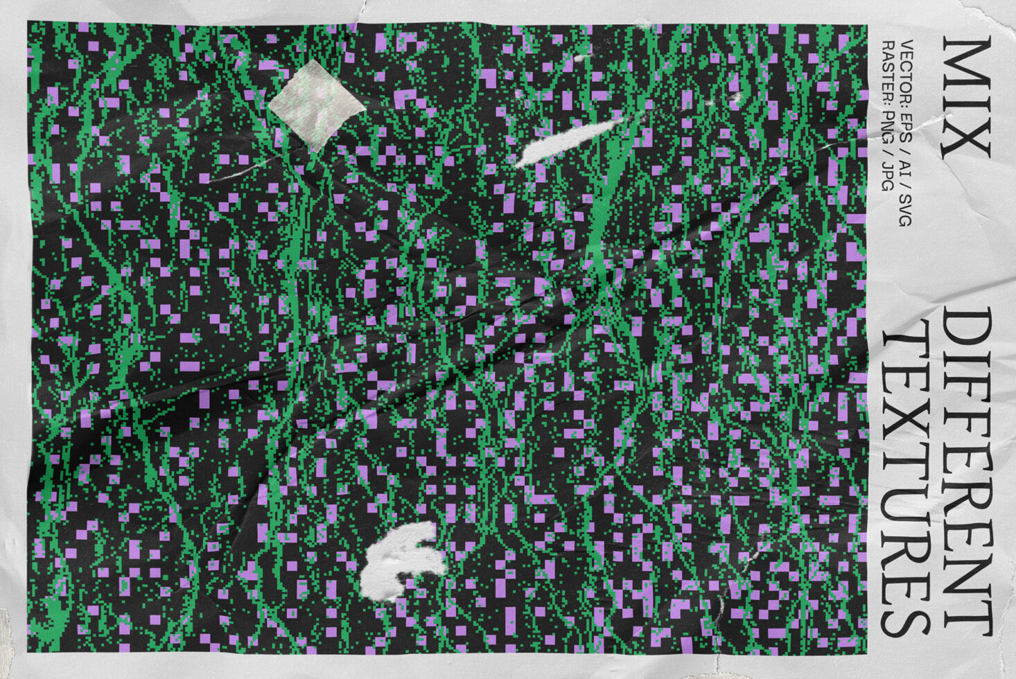 Abstract digital graphic with textured pixelated pattern in green and purple. Available formats: EPS AI SVG PNG JPG. Ideal for design templates.